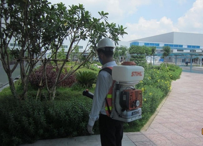 Hình ảnh nhân viên kỹ thuật công ty diệt côn trùng Hùng Thịnh phun thuốc