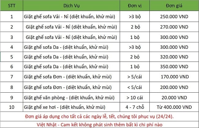 Bảng giá dịch vụ giặt ghế Sofa - Việt Nhật