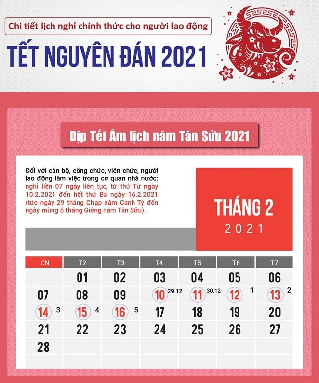 Lịch nghỉ tết nguyên đán năm 2021 theo quy định