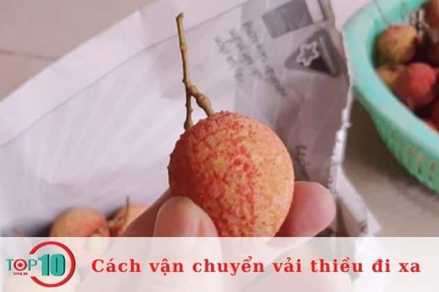 Vận chuyển vải thiều bằng cách bọc giấy báo rồi cho vào hộp nhựa hoặc túi nilon| Nguồn: Internet