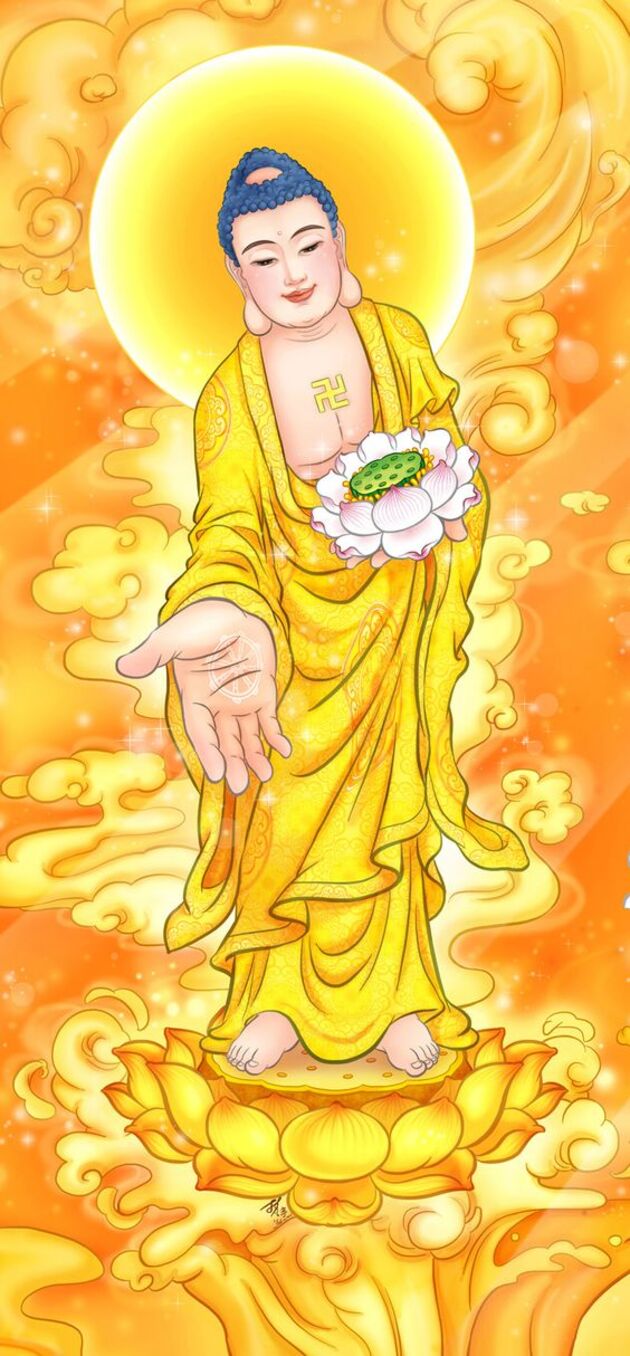 Tranh Lụa Phật A Di Đà Tịnh Tông Nền Vàng Thân vàng đứng