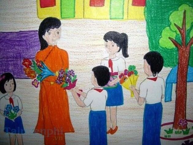 Hình ảnh vẽ hạnh phúc của cô giáo và học sinh khi đến ngày nhà giáo Việt Nam