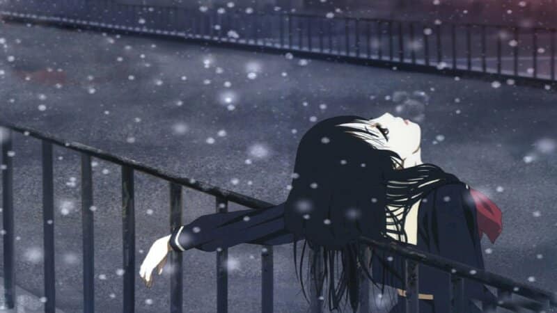 Ảnh gái anime cô đơn, buồn rầu giữa trời đông tuyết rơi
