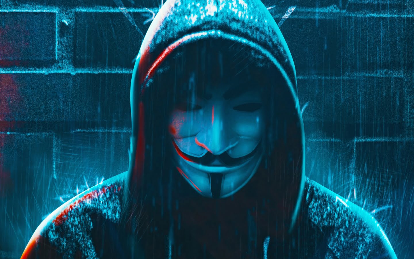 Ảnh mặt nạ hacker buồn đứng dưới mưa để che dấu nước mắt của mình.
