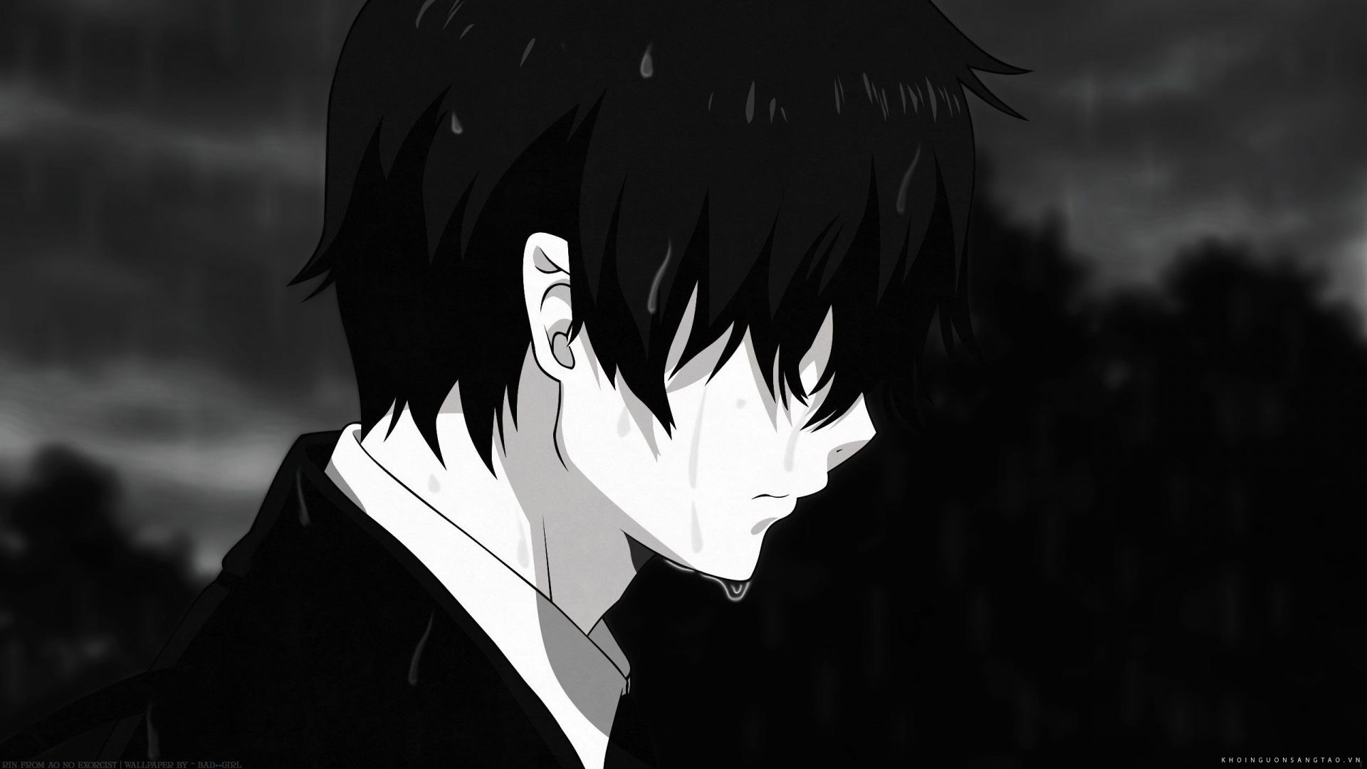 Hình ảnh nam anime đứng khóc trong màn đên mưa.