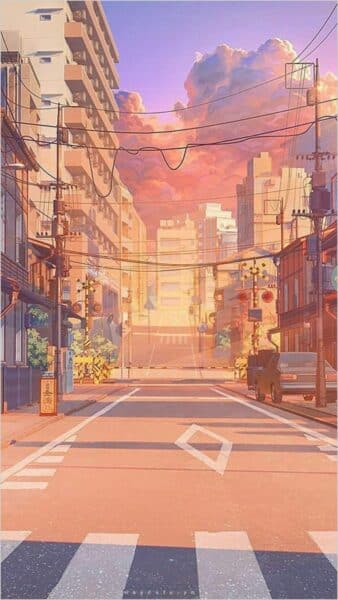 Background đường phố anime vừa thân thuộc vừa lạ lẫm.
