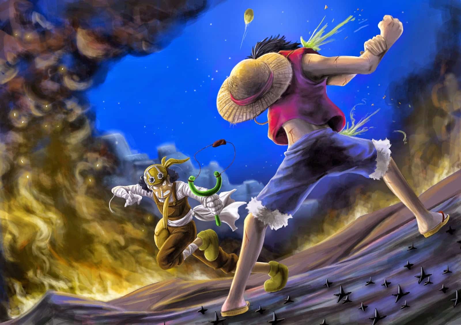 Ảnh anime One Piece Luffy và Usopp đánh nhau.