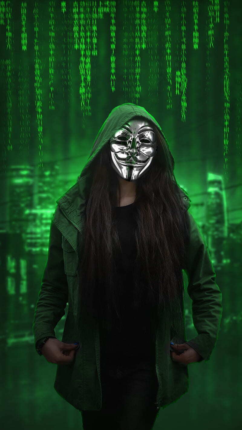Hình ảnh hacker ngầu nữ đeo mặt nạ quyến rũ.