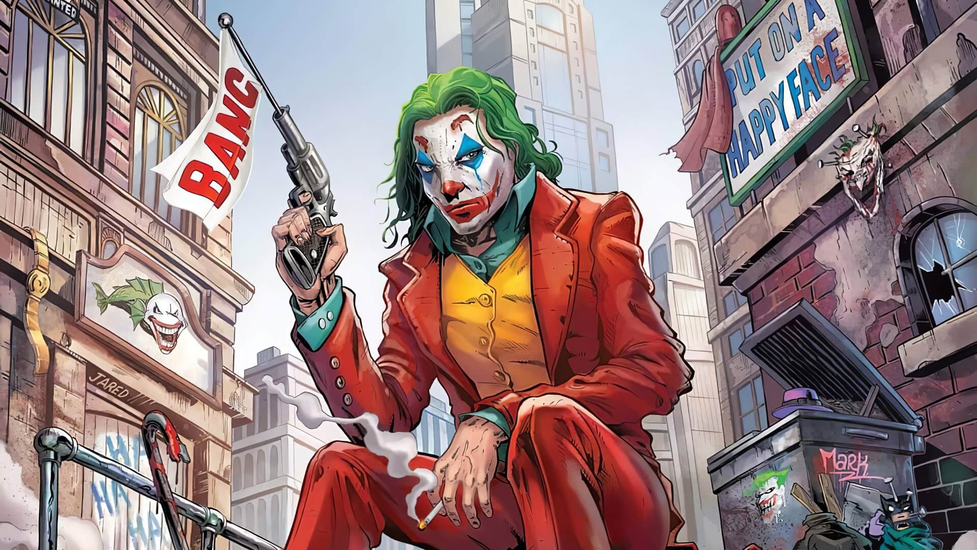 Hình nền Joker 4K chất trong comic đang gây náo loạn thành phố.