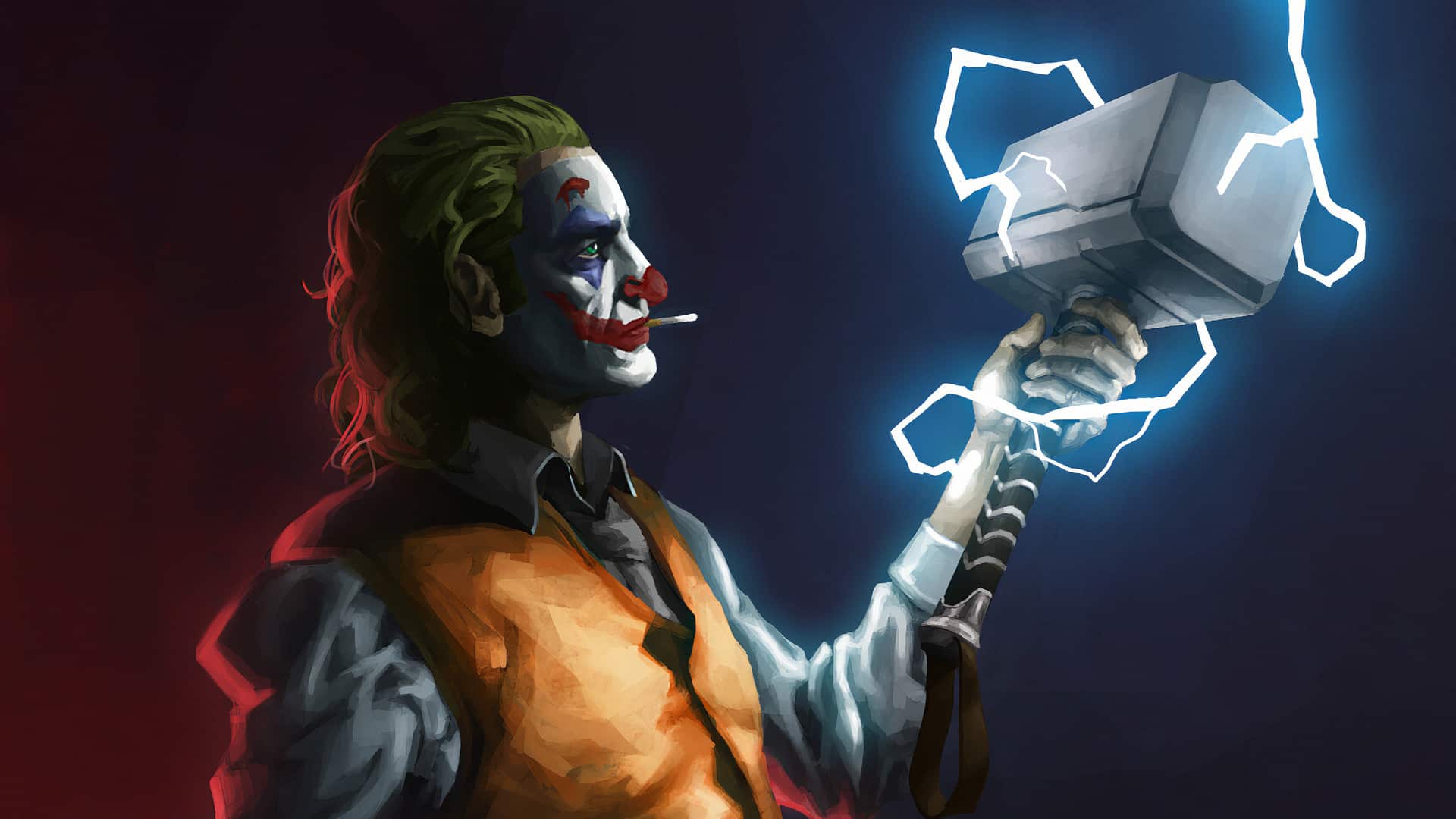 Hình ảnh Joker ngầu cầm cây búa của Thor thể hiện sức mạnh tuyệt đối.