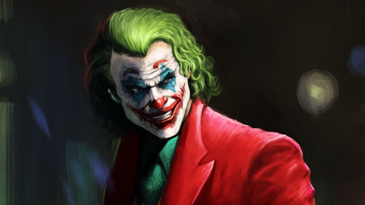 Hình Joker cười khi hắn thực hiện thành công vụ cướp phá.