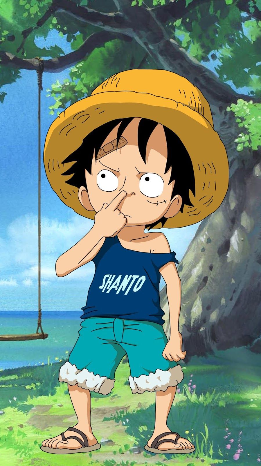 Ảnh Luffy One Piece hồi còn nhỏ đứng ngoáy mũi cute.