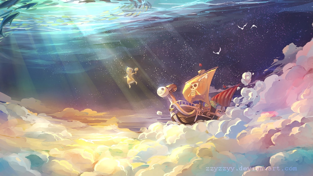Tải hình nền laptop One Piece tàu Going Merry đang đi trên mây.