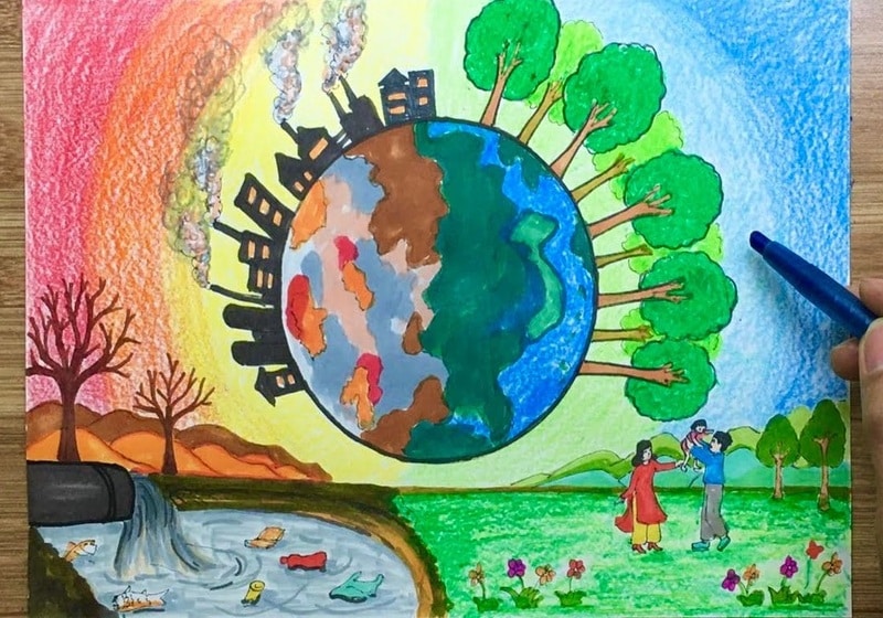 Hình Trái Đất vẽ ý nghĩa về thực trạng ô nhiễm môi trường.