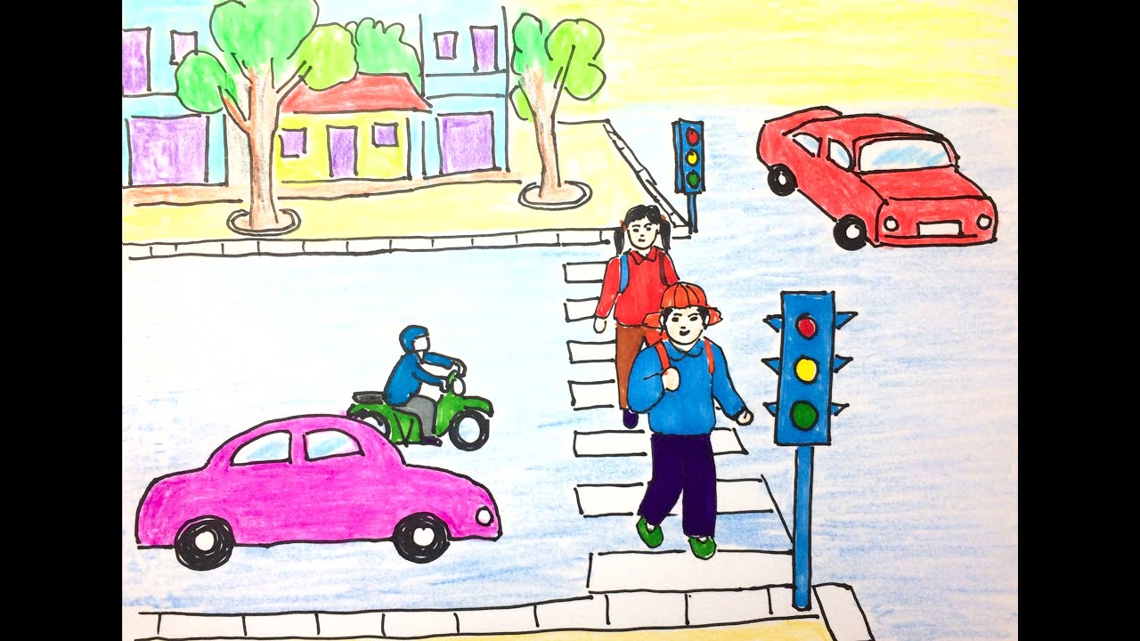 Tranh vẽ an toàn giao thông đẹp cho trẻ em tập vẽ.