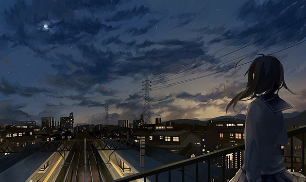 Ảnh cô gái anime buồn nhìn ra thành phố lúc về đêm.