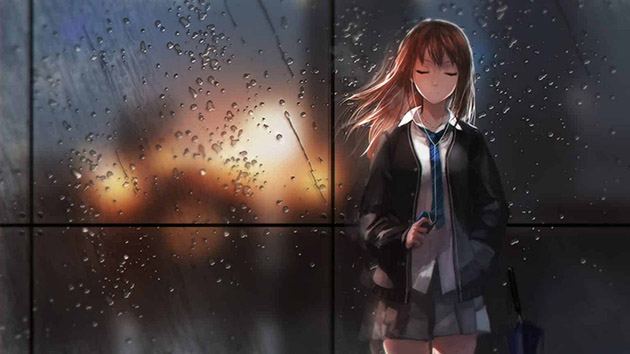 Hình anime buồn cô đơn trong buổi chiều mưa.