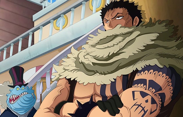 Hình Katakuri đứng tựa cột suy nghĩ.