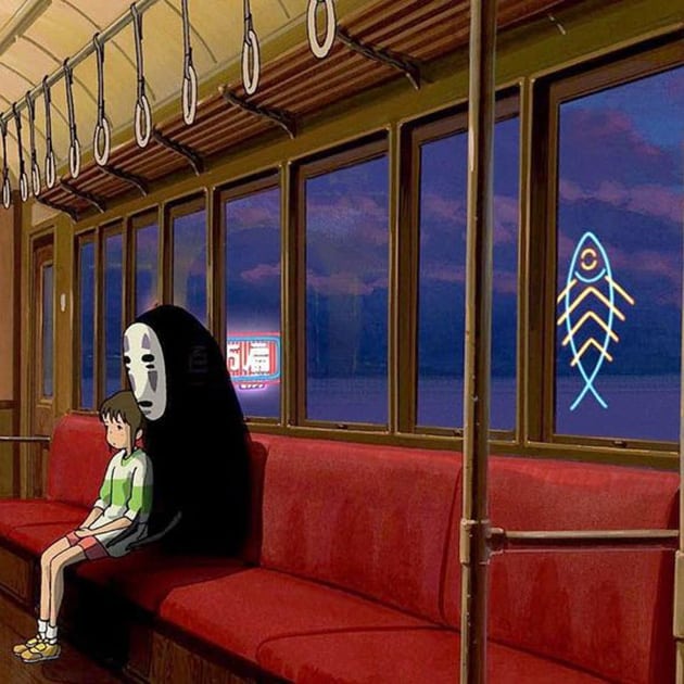 Ảnh vô diện và Chihiro ngồi chờ đến trạm ga đáng yêu.
