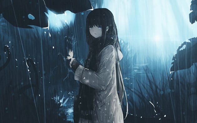 Ảnh gái anime cô đơn buồn trong khu rừng tăm tối.
