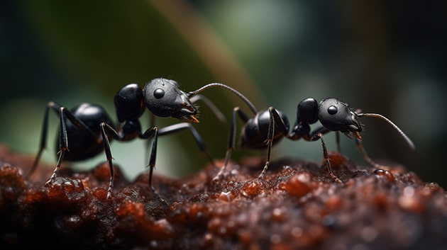 Hình 2 con kiến đen đang bò trên mặt đất.