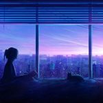 Ảnh cô gái anime nhìn ngắm hoàng hôn thành phố.
