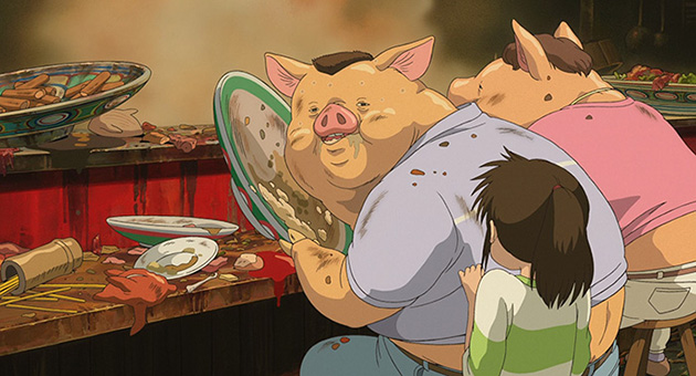 Ảnh Chihiro hoảng hốt khi bố mẹ bị biến thành lợn.