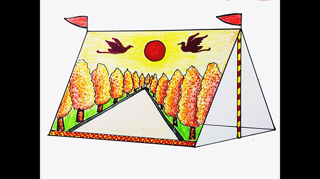 Mẫu tranh vẽ lều trại phong cảnh hữu tình đạt điểm cao trong cuộc thi.