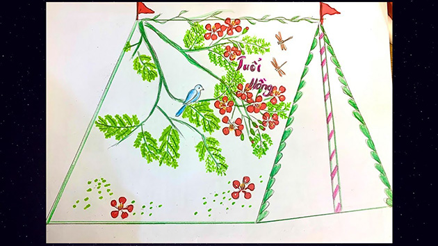 Vẽ tranh lều trại hoa phượng đỏ kỷ niệm thời học sinh.