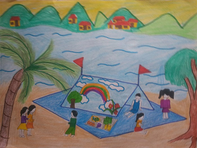 tranh vẽ buổi cắm trại vui vẻ của các bạn học sinh.
