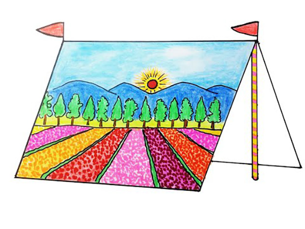 Vẽ tranh lều trại của học sinh có đồng hoa và núi rừng.