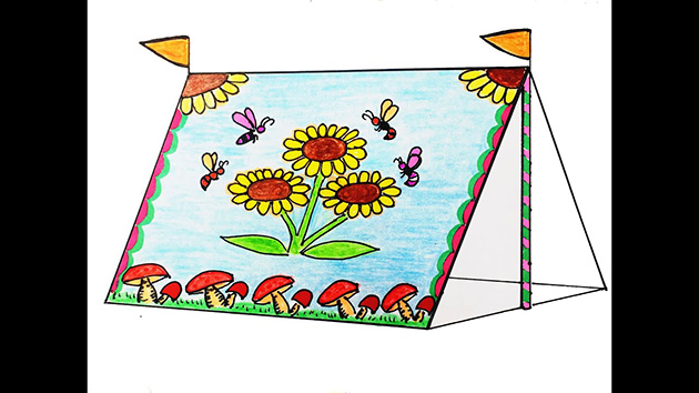 vẽ tranh lều trại mùa xuân hoa nở tươi đẹp.