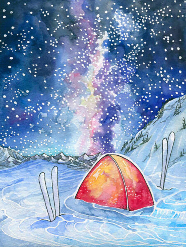 Vẽ tranh lều trại ở núi tuyết về đêm cực đẹp.