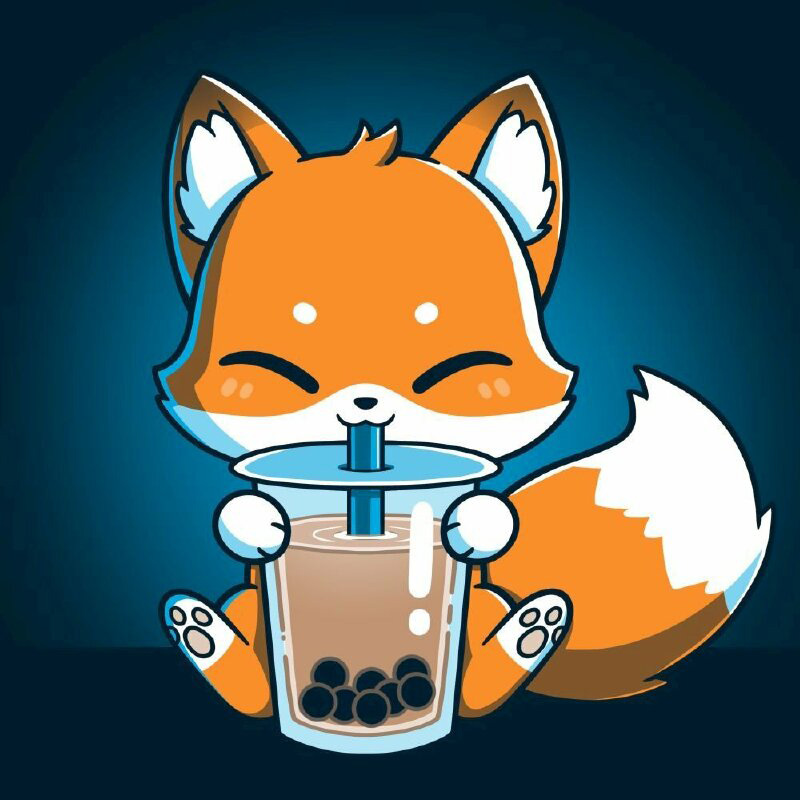 Ảnh hoạt hình con cáo cute uống trà sữa.