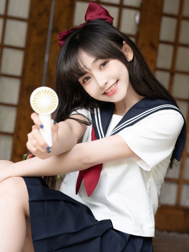 Ảnh gái đẹp cười trong bộ trang phục nữ sinh Nhật Bản.