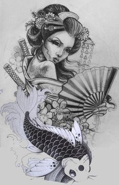 Hình xăm gái Nhật geisha cầm kiếm và cá vàng tuyệt đẹp.
