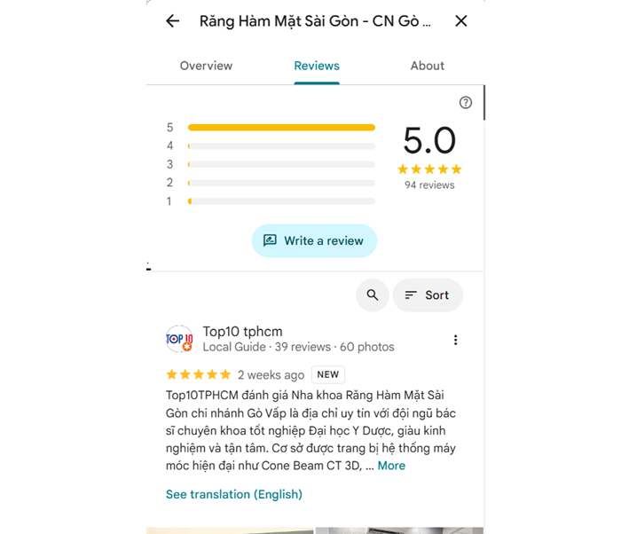 Review của khách hàng Răng Hàm Mặt Sài Gòn - CN Gò Vấp: