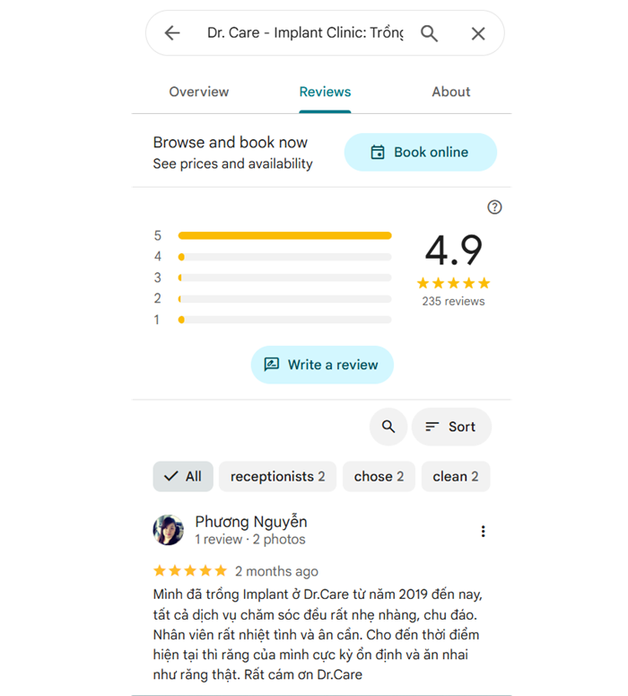 Review của khách hàng nha khoa Dr. Care – Implant Clinic: