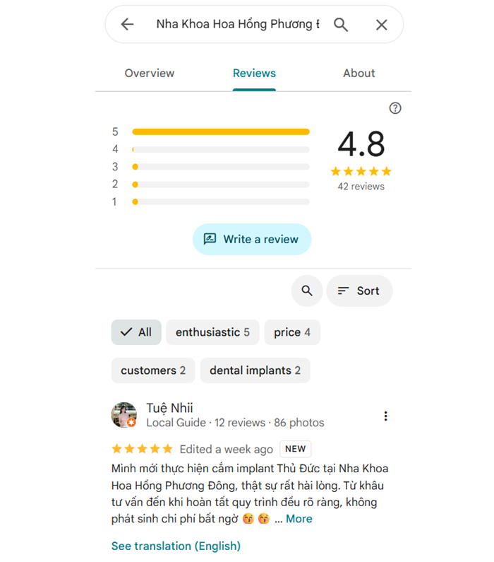 Review của khách hàng Nha khoa Hoa Hồng Phương Đông