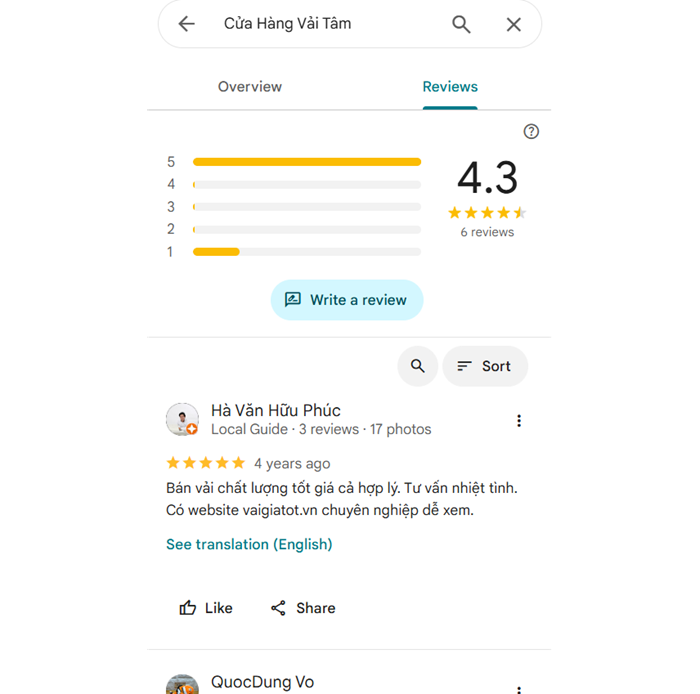 Review của khách hàng Cửa Hàng Vải Tâm