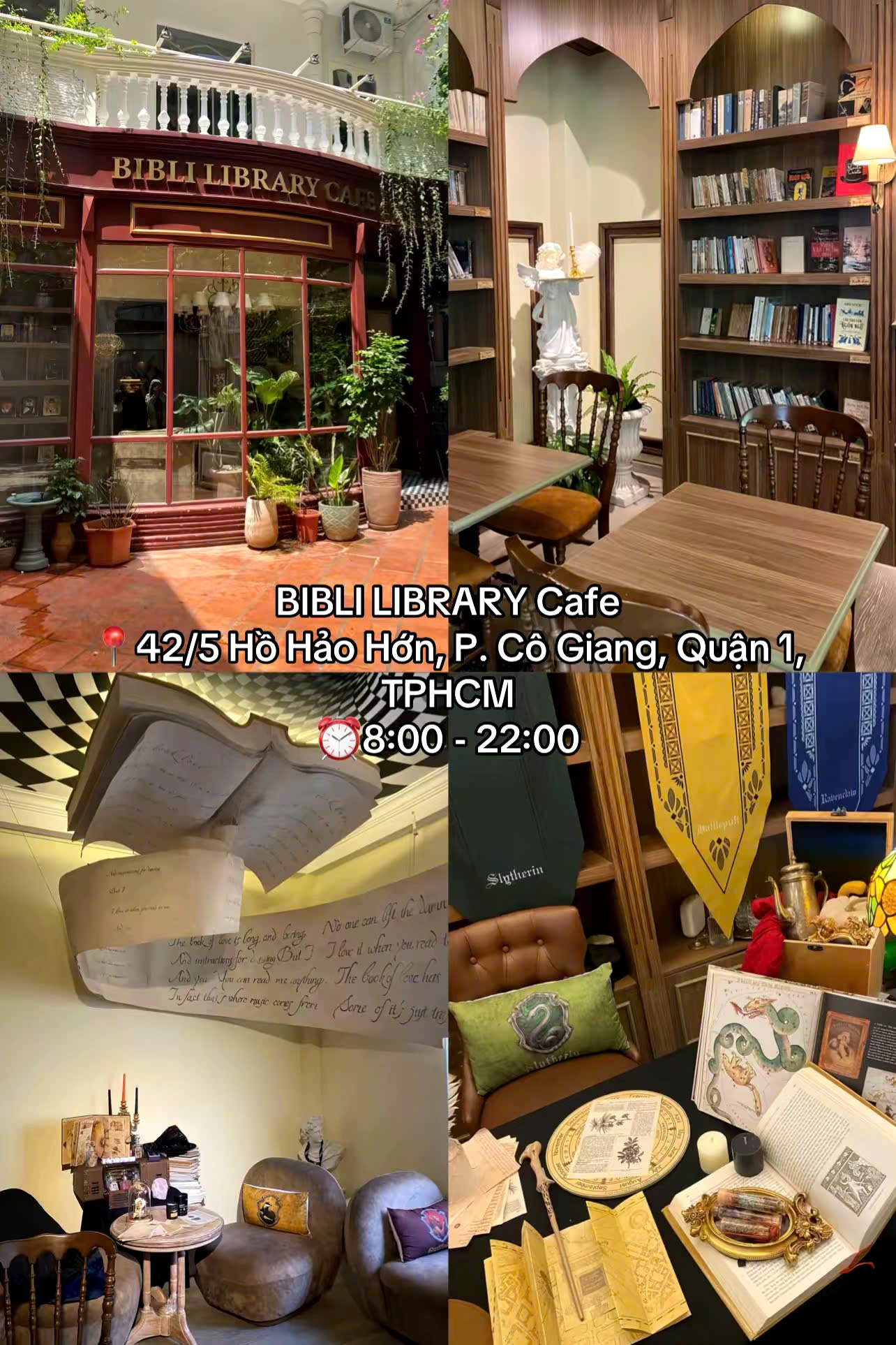 Bibli Library Café mang phong cách cổ điển ấm áp, kết hợp không gian sách yên tĩnh với hương cà phê thơm dịu