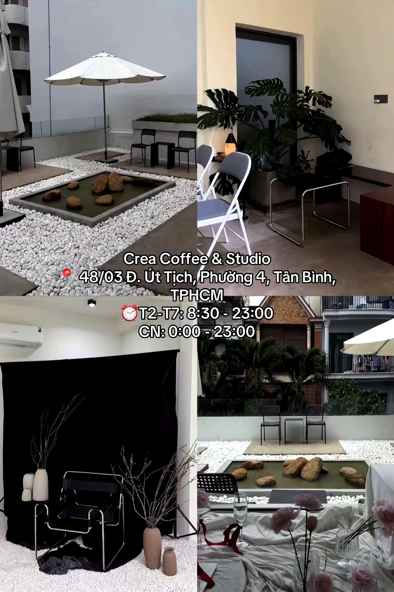 Crea Coffee & Studio mang phong cách hiện đại, tối giản với tông trắng sáng, nội thất tinh tế và ánh sáng tự nhiên, tạo cảm giác thoải mái và sáng tạo