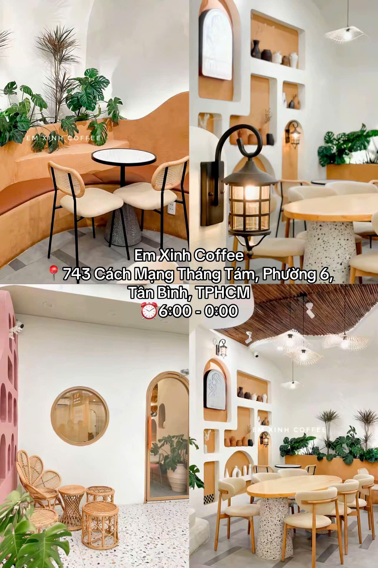Không gian Em Xinh Coffee ấm cúng, trang trí tinh tế với tông màu sáng và cây xanh tạo cảm giác dễ chịu