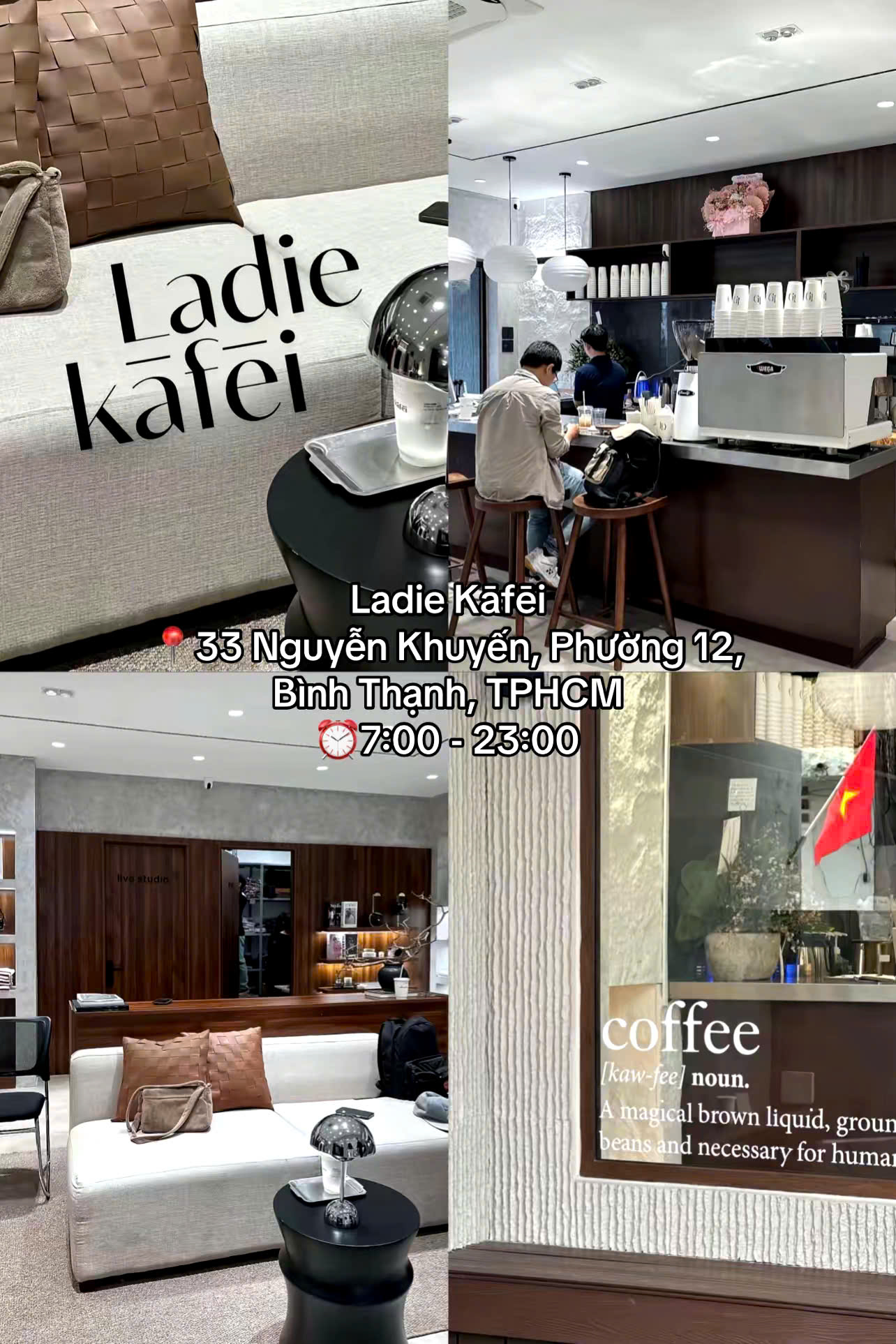 Một góc Ladie Kafei với không gian hiện đại, ánh sáng nhẹ nhàng và decor tinh tế, vừa thư giãn vừa mang cảm giác sang trọng, phù hợp cho cà phê và mua sắm