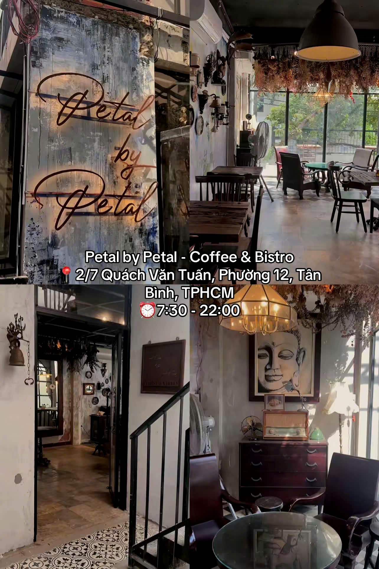 Không gian Petal by Petal - Coffee & Bistro ấm cúng, trang trí vintage với hoa tươi, đồ vật cổ điển và tông màu nhẹ nhàng, tạo cảm giác thư giãn và lãng mạn