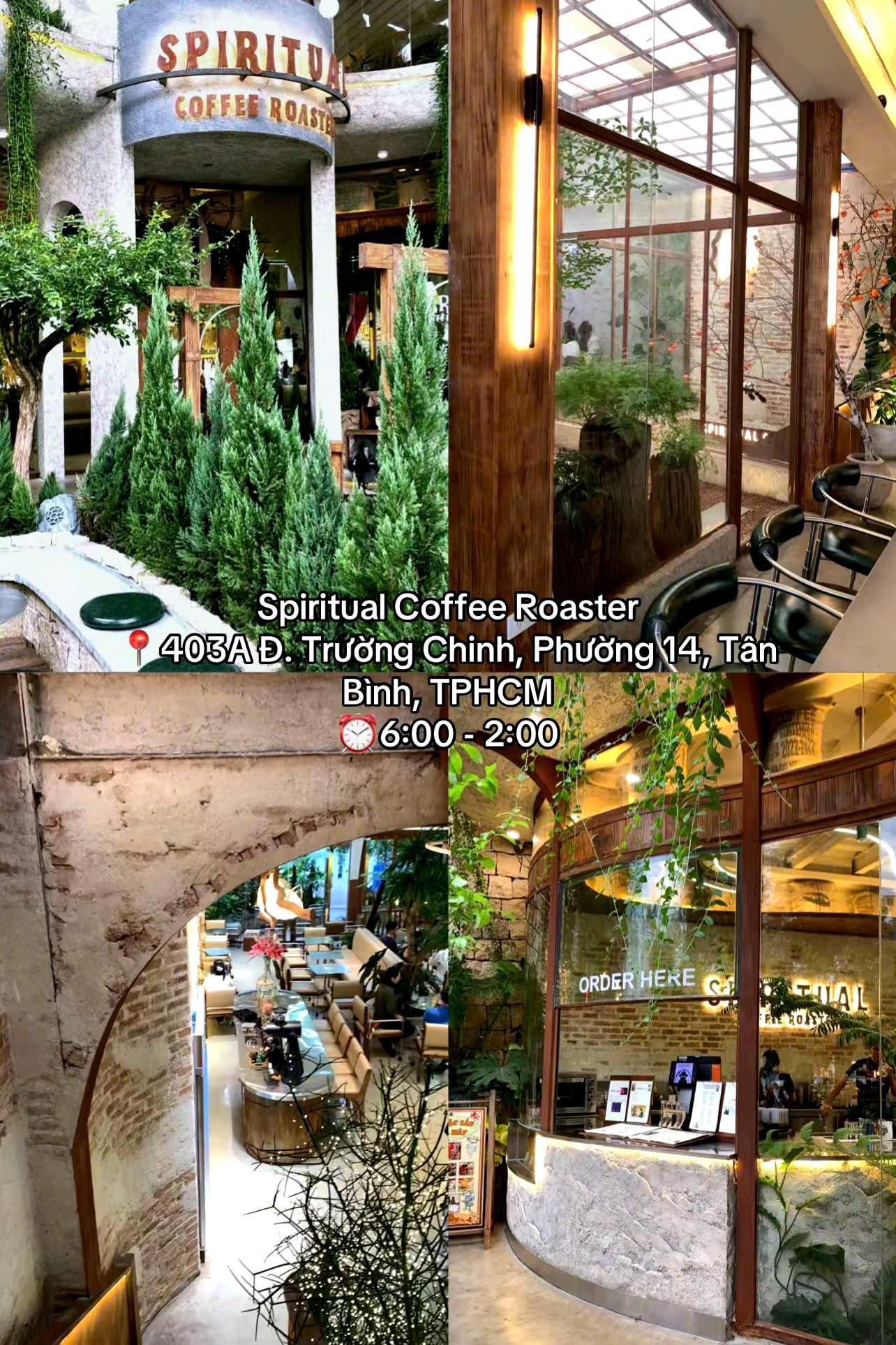Spiritual Coffee Roaster mang phong cách hiện đại, ấm cúng với tông màu sáng, nhiều cây xanh và không gian thoáng đãng, tạo cảm giác thư giãn