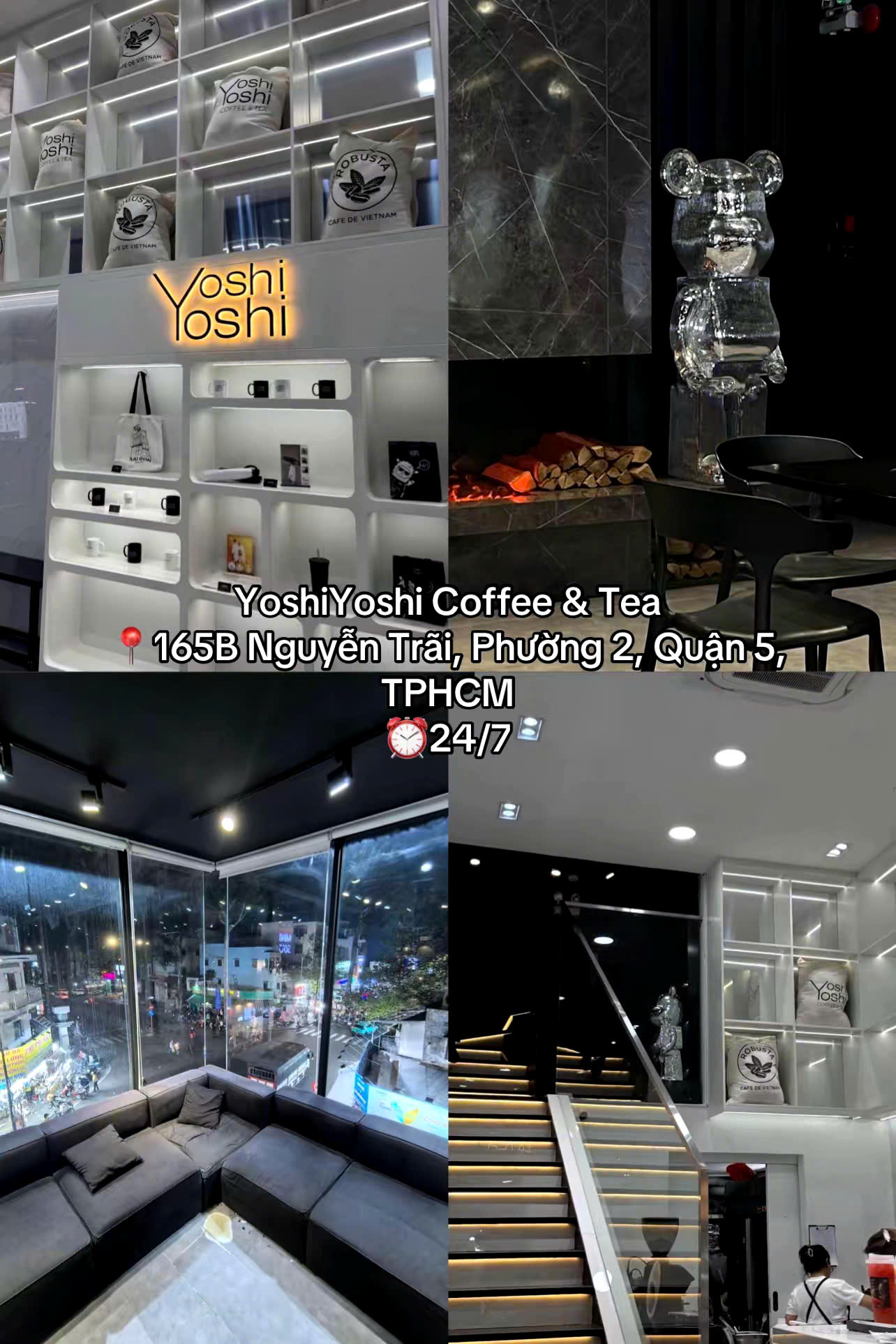 Không gian YoshiYoshi Coffee & Tea mang phong cách tối giản đen – trắng tinh tế, kết hợp ánh sáng dịu và nội thất hiện đại tạo cảm giác sang trọng, thư thái.