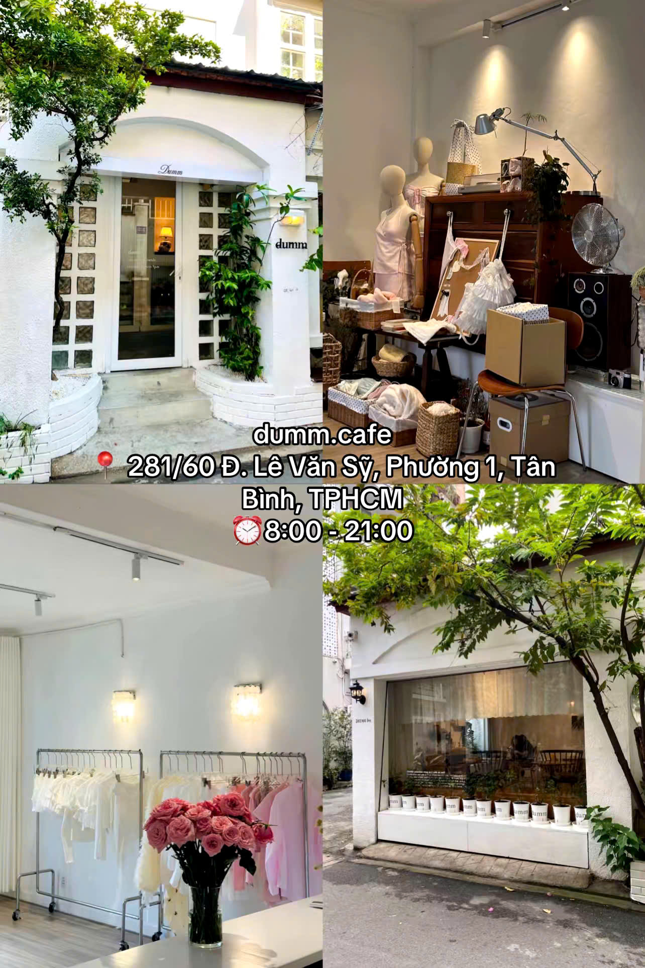 Dumm.cafe nhỏ xinh, tối giản, ấm cúng với tông trắng chủ đạo, trang trí nhẹ nhàng, kết hợp cây xanh và góc sống ảo tinh tế